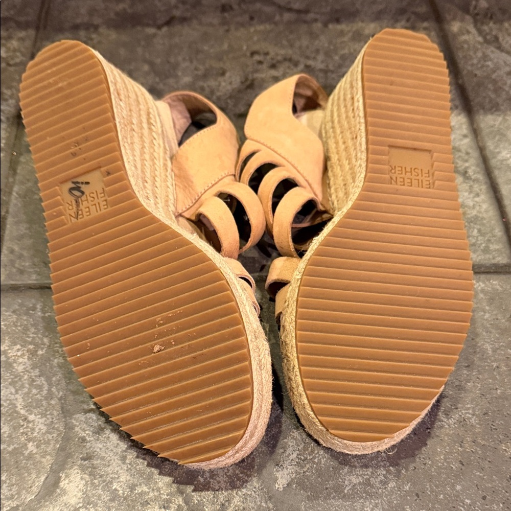 Eileen Fisher Tan Leather Strappy Espadrille Wedge Sandals - Picture 3 of 6
